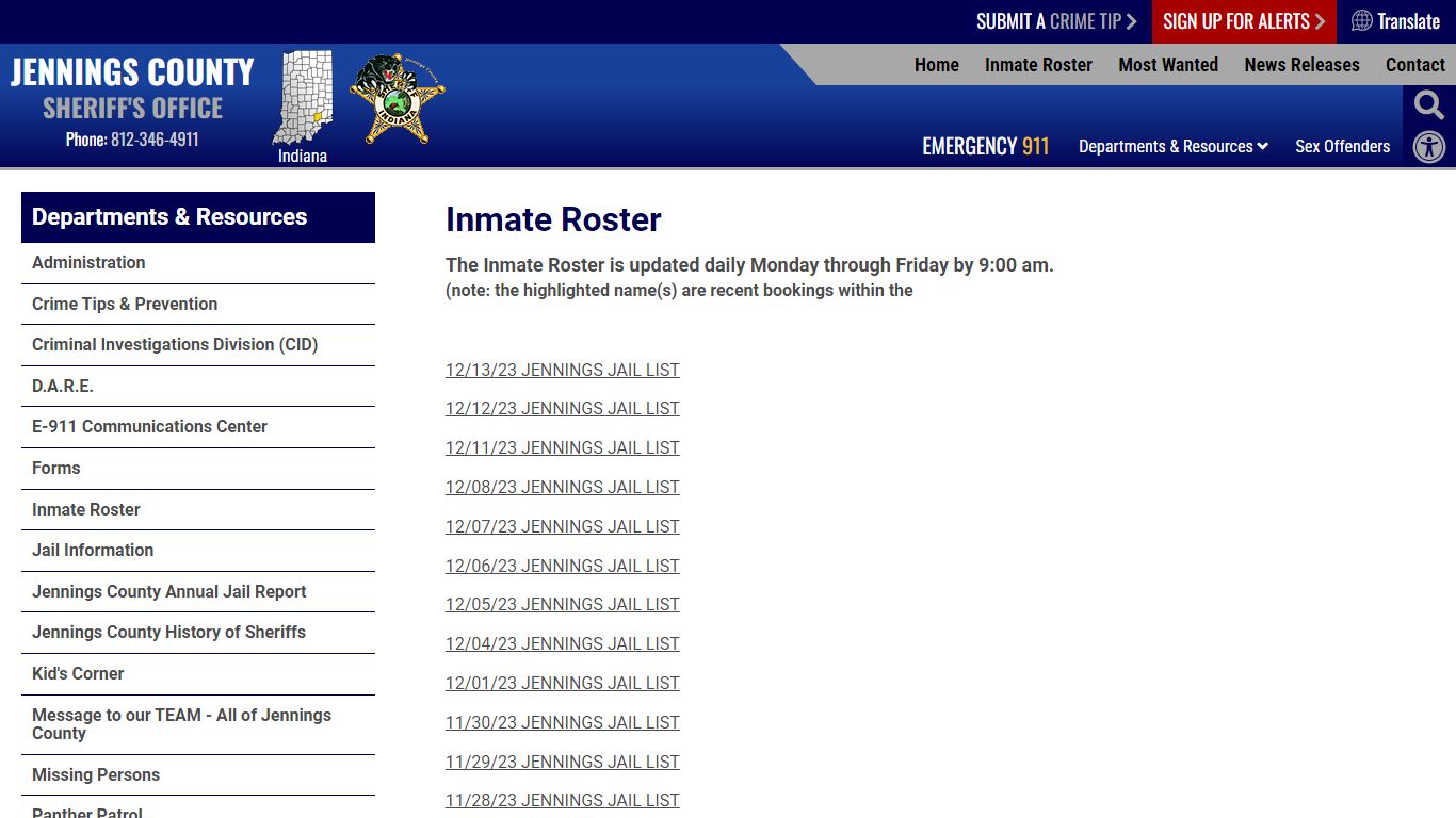 Inmate Roster | Jennings County IN Sheriff